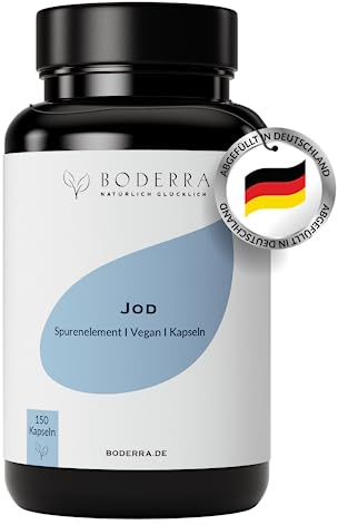 BODERRA® Jod Kapseln Hochdosiert [100% REINES JOD] - 120 Stück Jod Kapseln mit 150μg pro Tagesdosis für die Schilddrüse geeignet - Tabletten Vegan & Bioverfügbar - Iodine Tablets ohne Zusätze