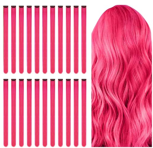 Aomig Rose Rouge Extension de Cheveux Colorés, 22 Pcs Extension Cheveux Rose Rouge, Extension de Raides Cheveux Colorés pour Femmes Filles Party Festival Cosplay,55cm
