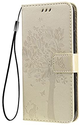 SEAHAI Funda para Motorola Moto G84 5G Billetera Estuche, Diseño de Patrón Bastante Hojas y Gato en Relieve Funda de Cuero, Elegante Ultrafino Carcasa Case, Oro