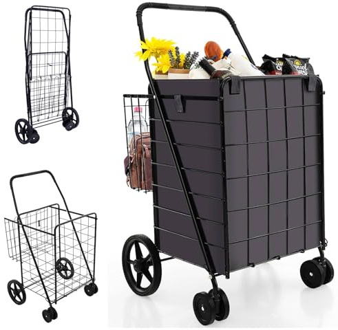 COSTWAY 120L Folding Shopping Trolley on 6 Wheels, Metal Utility Push/Pull Cart with Back Basket, Removable Liner & Anti-Slip Handle, Portable Luggage Grocery Carts for Mobility （with Liner)
