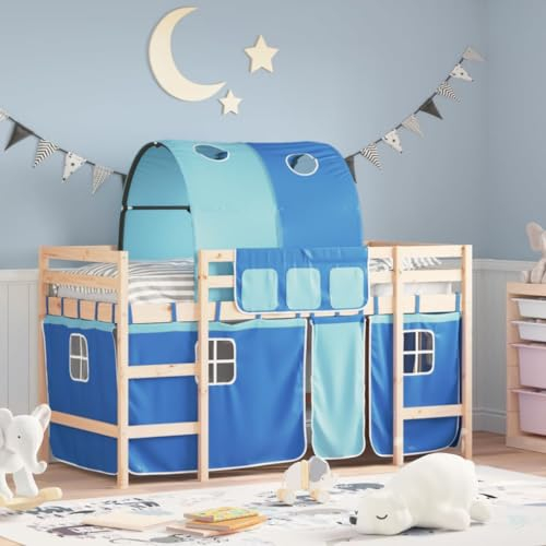BAZZI Kinderhochbett: Mit Tunnel, Natural und Blau, Maße 80 x 200 cm, Aus Massivholz Kiefer, Ideal als Etagenbett, Kleinkindbett, Einzel-Hochbett, Kinderbett oder Jugendbett