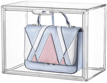 TOWEBOORY Clear Stackable Plastic Storage Bins with Magnetic Attraction Lid, Dustproof Book & Cosmetic Display Cases Handbag Storage Organizer Shoe Box for Clutch Wallet Book Toys(27*18*22cm)