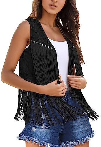 Duohropke Hippie Fransen Weste Damen Kurz Dünne Fringe Jacke Westen Cowboy Karneval Vintage Faux Wildleder Cardigan Ärmellos Mini Mantel Gilet mit Quasten 70er Jahre Hippie Kleidung