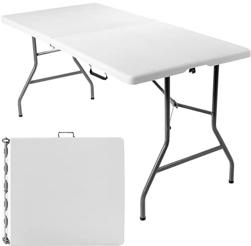 Sicignano | Tavolo Pieghevole Rettangolare Portatile, Richiudibile, Salvaspazio, da Campeggio - con Blocco di Sicurezza, in HDPE, 180x76x74h cm, Bianco (Bianco, 1 Tavolo)