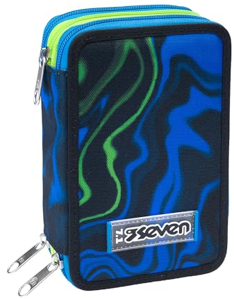 Seven Federmäppchen, Mäppchen, Mehrfarbig, Federtasche für Schreibwaren, Etui komplett mit Bleistiften, Filzstiften, Schulmaterial, mit 3 Fächern, Mädchen, Schule - Grundschule, XXL, blau-schwarz