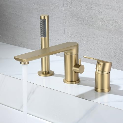 TRJIKAG Roman Tub Faucet with Hand Shower Deck Mount Bathtub Faucet with Sprayer, Bathtub Shower Faucet Set 3-Holes Tub Filler, Gold