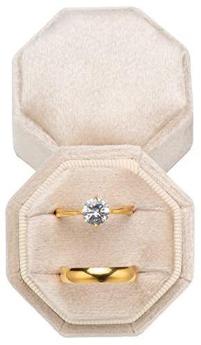 POKOFO Premium Velvet Ring Bearer Box for Proposal Engagement Wedding Ceremony - Equilateral Octagon Vintage Double Ring Display Holder with Detachable Lid (Beige)