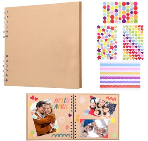 GWHOLE Scrapbook Photo Album 60 Kraft Papers Memories Photo Albums with 8 Sheets Stickers 30 Sheets Memory Book for Family Wedding Anniversary(Brown)