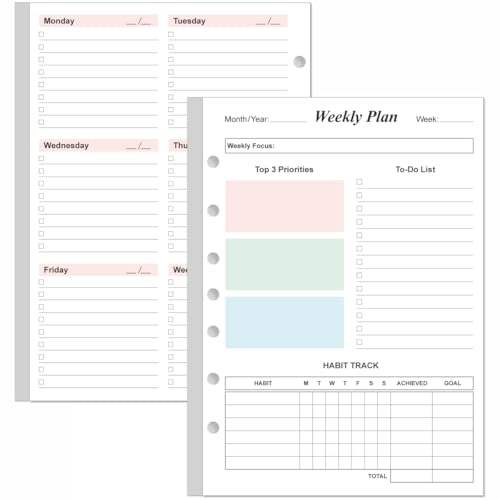 Weekly Planner Refills for 3 or 7 Ring Mini Binders - 53 Sheets/106 Pages Undated Colorful Weekly Planner, 100 gsm White Paper, Lasts 1 Year, Undated, 5.8 x 8.3