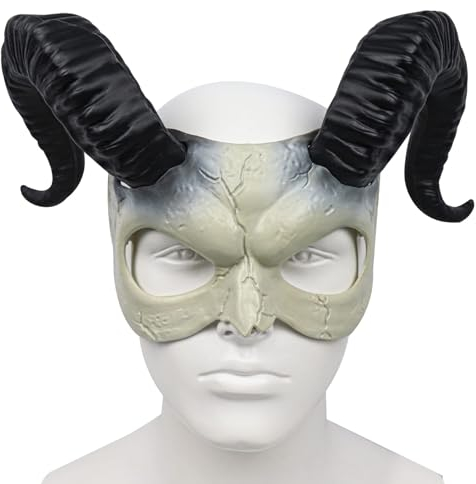 Fehodun Ziege Maske Ochse Widder Hörner Maske Gruseliges Schaf Schädel Halbgesicht Maske für Erwachsene Halloween Kostüm Cosplay Requisiten