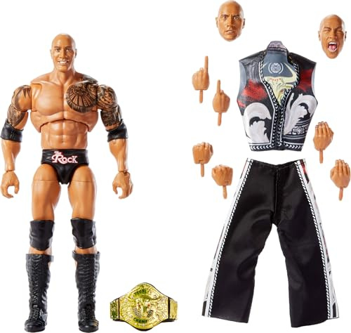Mattel WWE Ultimate Edition Actionfigur & Zubehör, 15,2 cm The Rock Sammelset, austauschbare Köpfe & Hände, 30 Gelenkpunkte