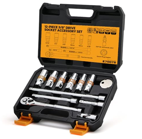 ELEAD 12-Piece 3/8 Drive Spark Plug Socket Set with Ratchet Handle, Universal Joint, Spark Plug Gapper & Extension Bar, 9/16, 5/8, 3/4, 13/16, 14mm, 18mm, CR-V Sockets with Rubber Holding Rings