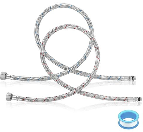 Lot de 2 tuyaux blindés 3/8, Tuyaux de Raccordement Flexibles Robinets 80 cm, tuyau flexible G3/8 x M10, raccord de tuyau de raccordement en acier inoxydable tressé avec ruban d'étanchéité