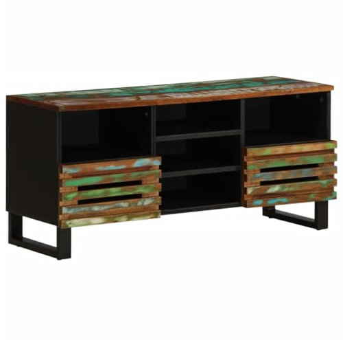 Sufrk Acacia Meuble TV 100 x 34 x 46 cm en bois massif, meuble TV mobile, meuble de télévision, meuble industriel table basse vintage console pour salon