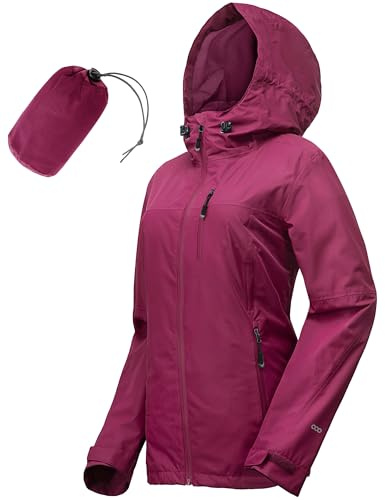 33,000ft Chaqueta impermeable para mujer, chaqueta de aire libre, transpirable, chaqueta de entretiempo, ligera, con capucha, cortavientos para senderismo, viajes, trekking, bicicleta, kirschrot, 42