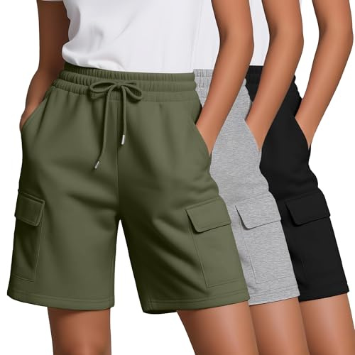 Neer Lot de 3 Shorts Cargo pour Femme - Taille élastique avec Cordon de Serrage - Longueur Genou - Short de Yoga décontracté avec Poches Cargo
