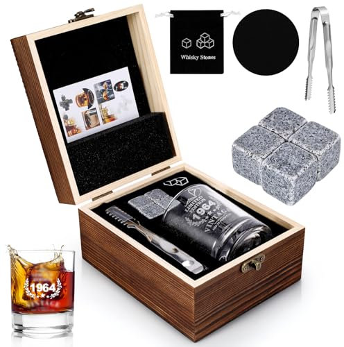 Ensemble de verres à whisky vintage 1964 pour homme avec boîte en bois, pierres à whisky et dessous de verre, cadeau d'anniversaire pour lui, papa, mari, amis