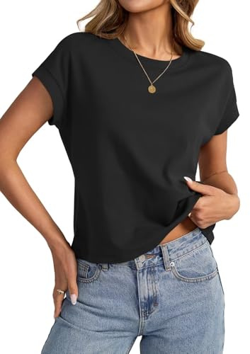EasyGala Womens Cap Sleeve Crop Tops Cotton T Shirts Crewneck Loose Fit Short Sleeves Tee Summer Fashion Clothes 2026 A-Black