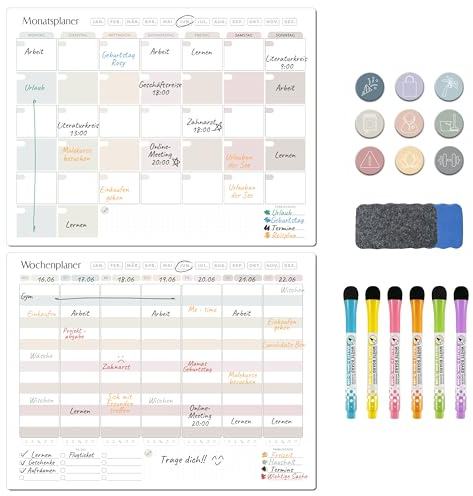 BIROYAL 2 Stk Magnetischer Wochenplaner Abwischbar inkl 30 Magnetische Sticker, Wochenplaner & Monatsplaner Abwischbar, Familienplaner, Haushaltsplaner Perfect as Essensplaner & To Do List