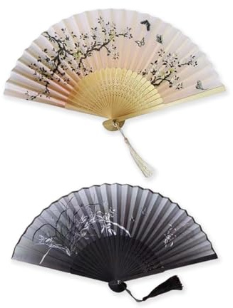 XcnPer Folding Fan，2 Pcs Hand Fans For Women Folding， With Fabric Sleeve Bamboo Silk Folding Hand Fan，Hand Fan Foldingused For Chinese Party Dance Wedding Decoration
