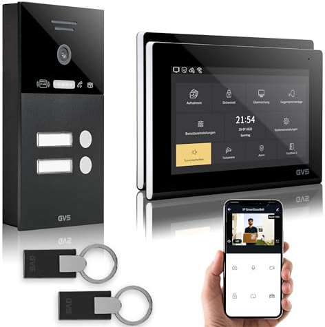 GVS Video Türsprechanlage 2-Familienhaus - RFID, 2x7 Zoll Monitor | Smarte Video Türklingel mit Kamera und Monitor & App - Gegensprechanlage mit Türöffner & RFID (AVS4288A)