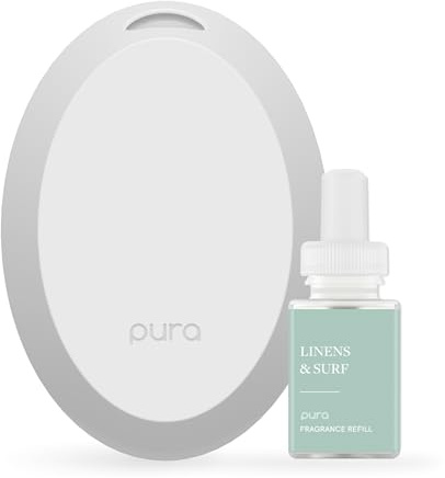Pura Mini Smart Fragrance Diffuser for Small Spaces Adjustable Smart Home Device with LED Light & Automatic Vial Detection - Includes 1 Scent Refill - Linens & Surf