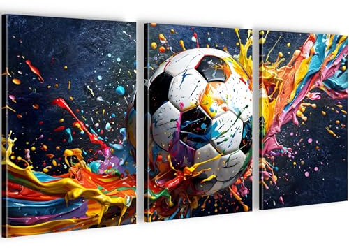 Runa Art Wandbilder Fussball 3 Teilig Wanddeko aus Vlies-Leinwand Wohnzimmer Loft Gamer Graffiti Streetart Schwarz Bunt 0548a