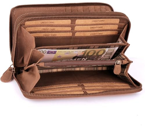 Benthill Geldbörse Groß Leder | Geldbeutel Gross XXL Echtleder | Portemonnaie Frauen mit RFID Schutz | Vintage Portmonee mit vielen Kartenfächer inkl. Geschenkbox, Farbe:Brown - Tan (H)