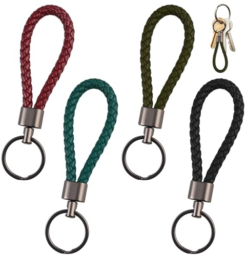 4 Pièces Porte-Clés Tressés en Cuir Synthétique, 12.5cm Porte-Clé de Voiture en Tressé, Alliage de Zinc, 4 Couleurs Anneau Porte Clés Cuir Entrelacés, Anneau en PU Tressé pour Homme et Femme