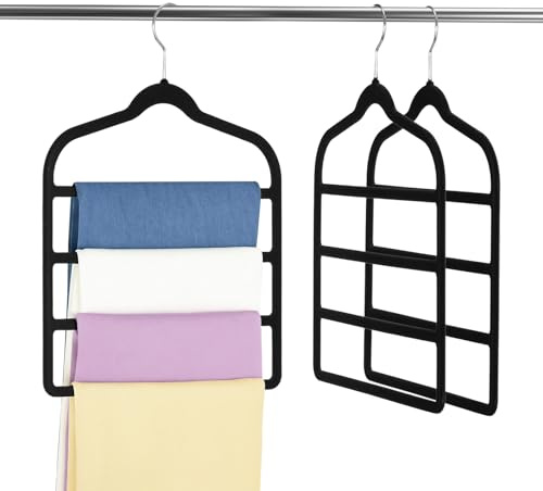 3 Pack Velvet Trouser Hangers - Space Saving Closet Organizers, Non-Slip Hangers for Jeans, Trousers, Skirts, Leggings, Scarves - Multi-Layer Clothes Hangers for Wardrobe Storage