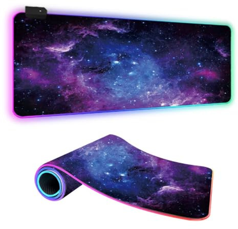FANSU 3D Univers XXL Tapis de Souris Gaming RGB LED 14 Effets Éclairage Antidérapante Grand sous Main Bureau pour Clavier et Souris, USB- Mouse Pad pour PC Gamer (Violet,900x400x4mm)