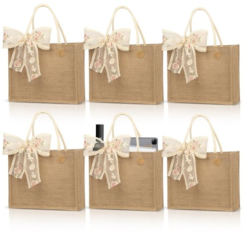 NatCasa 6pcs Burlap Jute Tote Bags With PE Laminated Interior, 13 x 9.4 x 5 Water Resistant Reusable Large Jute Tote Bags for Women Bridesmaid Gift Beach Grocery Shopping Wedding Travel DIY