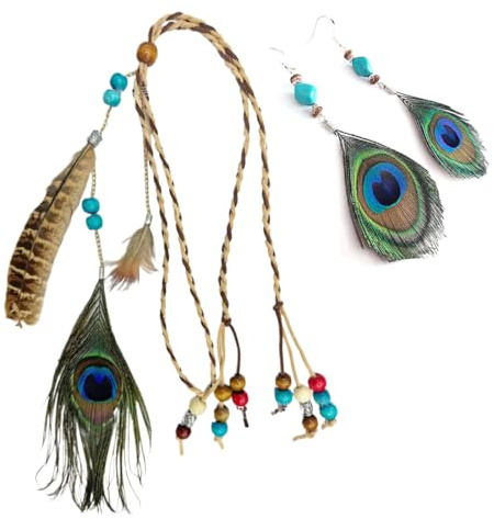 YUVKIN 2PCS Indianer Kopfschmuck Set, Damen Hippie Boho Stirnband, Böhmische Feder Ohrringe, Flechten Haar Band, Stirnband Zubehoer für Kostüm Indianer Damen