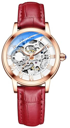 Arunaso armbanduhren Lässige, Hohle, mechanische Uhr, Leuchtend, wasserdicht, vollautomatische Uhr, Lederarmband, geeignet als Geschenk for Frauen digital(Rosso)