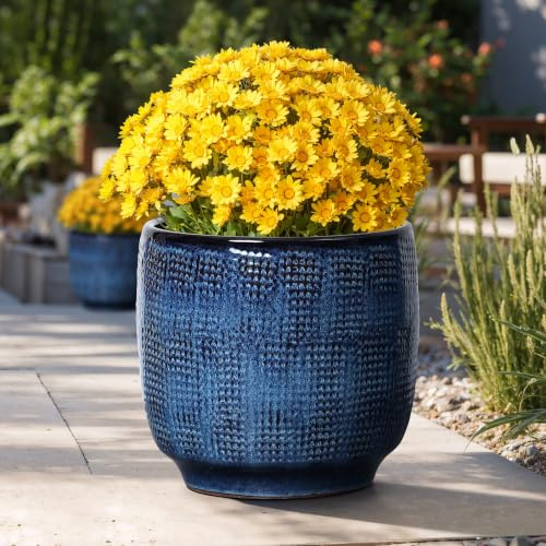 Hometopia Keramik Blumentopf groß & rund mit Ablaufloch, Ø30 cm, Marineblau | Keramik, Frostsicher&Wetterfest, Massiver Pflanzkübel mit Drainage-Loch für Balkon&Garten,Terrasse,Wohnzimmer Ø30xH28 cm