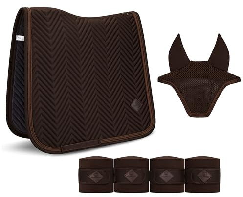 Equimour Dressur Schabracke Set Pure Chocolate – 3-teilig mit Bandagen | Mit passender Fliegenhaube – atmungsaktiv, rutschfest und elegant für Training und Turnier