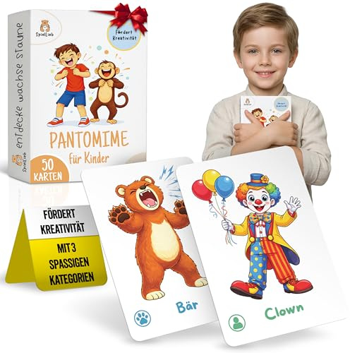 SpielLieb® Pantomime Spiel Kinder - Lustiges Lern- & Ratespiel Kartenset Scharadespiel Kinder für die ganze Familie - Geschenkidee für Mädchen & Jungen - Spiele ab 4, 5, 6, 7, 8, 9 Jahre