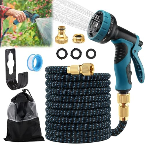 Tubo da Giardino Flessibile 15 m, Tubo dell'Acqua con Pistola a 10 Funzioni, Tu-bo Leggero ed Estensibile, Tu-bo Magico con Raccordi Metallici da 1/2 e 3/4, Supporto a Parete, Blu