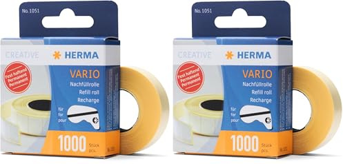 HERMA Kleberoller Nachfüllkassette Doppelseitig Permanent Selbstklebend, 1 Nachfüllpackung mit 1.000 Klebestücke (12 x 13 mm), Fotokleber Refill Nachfüllrolle für HERMA Klebebandroller (Packung mit 2)