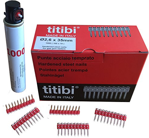 1 x Gas Kartuschen P1000 (165mm) + 1000 x titibi Nägel für: Gas Nagler HITACHI - BEA - SENCO- WURTH - VIELE ANDERE (Ø 2,6 X 35mm)