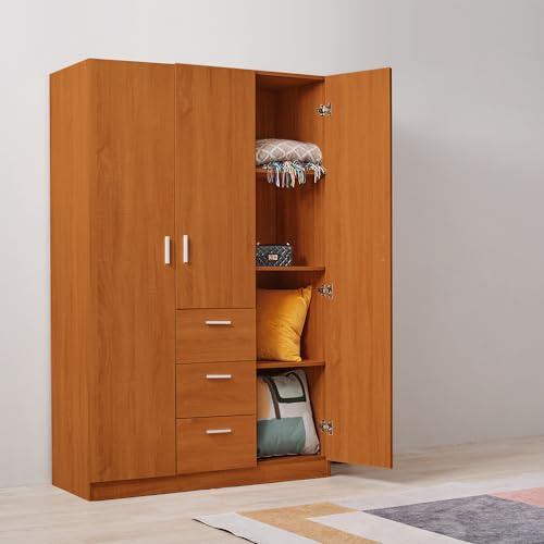 Panana 3 Door 3 Drawer Wardrobe, Modern Solid Pine Wood Wardrobe with Hanging Rail Living Bedroom Furniture (Oak)