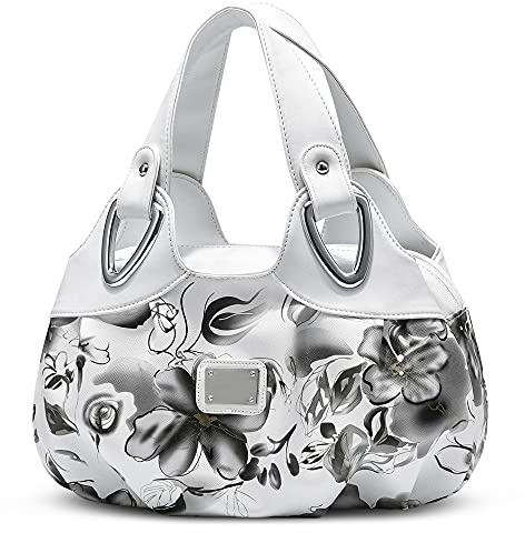 DIRRONA Trend Women Handbag Shoulder Bag Print Handbags For Ladies Casual Wrist Bag Waterproof PU Leather Compact Womens Handbag Flower White + Grey