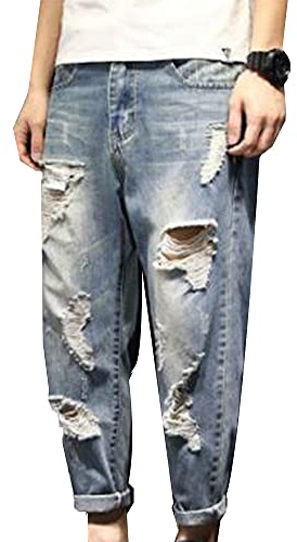 HONGBI Jeans Strappati Larghi da Uomo Pantaloni Casual retrò Jeans Strappati Elasticizzati Pantaloni Eleganti a Gamba Dritta Pantaloni Traspiranti Estivi Pantaloni da Uomo Azzurro 33w