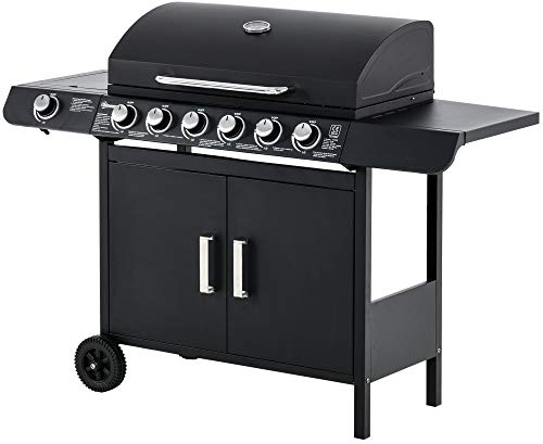 Barbecue à gaz Outsunny avec couvercle, 7 brûleurs de 20kW, brûleur latéral, thermomètre, étagère et 2 roues, 135x50x100cm noir