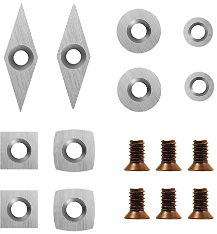DEEFIINE Inserti per Carburo Tungsteno Set (10 pezzi), con 6 viti di tornitura per tornio in legno (include 11mm quadrato,11mm con raggio R50,12mm e 8,9mm rotondo,30x10mm diamante con punta affilata)