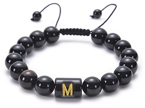 Aotiwe Herren Armband Verstellbar, Herren Armband Perlen mit Buchstabe M Schwarz Kristall 18cm mit Rundschliff Onyx