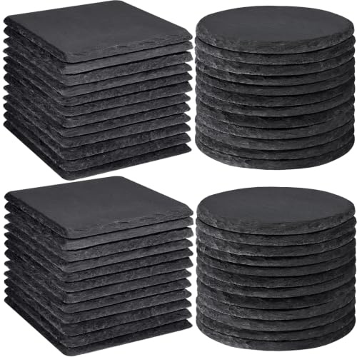 48 PCS Slate Coasters Bulk, MAPRIAL Laser Engraving Blanks Material for Engraver, 4 Inch 24 PCS Natural Square, 24 PCS Round Black Stone Coasters for Drinks, Gifts, Wedding Party, Decor, Christmas