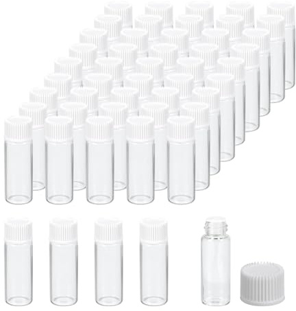 PATIKIL 5 ml flaskor med eteriska oljor, 50-pack genomskinliga glasflaskor med öppningsreducerare, provflaska, skruvkork, förvaring, flaskor, behållare, stil 1, vit