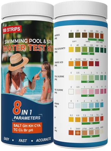 Pool Teststreifen 8IN1 für pH,100 Stück, Genauer Teststreifen für Pool,Spa,Ausreichend Pool Tester für Salz(Salzgehalt 0-6000),Härte,Gesamtalkalität,Cyanursäure,Gesamtchlor,freies Chlor (8 IN 1)