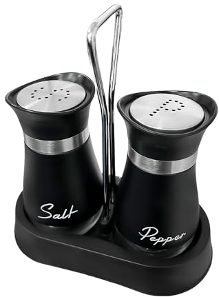NYGGTYK 1 paio di saliera e pepe set con 1 ripiano, utensili da cucina, saliera in acciaio inox in vetro, bottiglia di spezie nera per la cucina, il campeggio